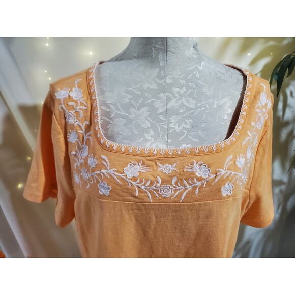 Talbots Embroidered Floral Square Neck Short Sleeve Top Size XL Slub Knit Cotton - Picture 5 of 11
